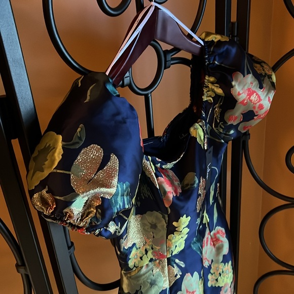 LULU’S “So Stunning Navy Blue Floral Jacquard Puff Sleeve Mini Dress” - Picture 8 of 16